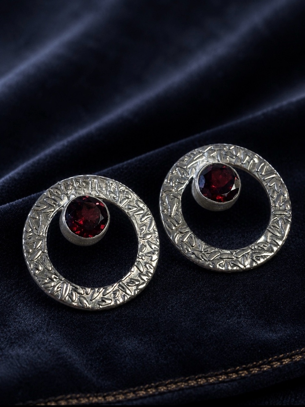 Sterling Silver Circle Earrings with Deep Red Gemstones